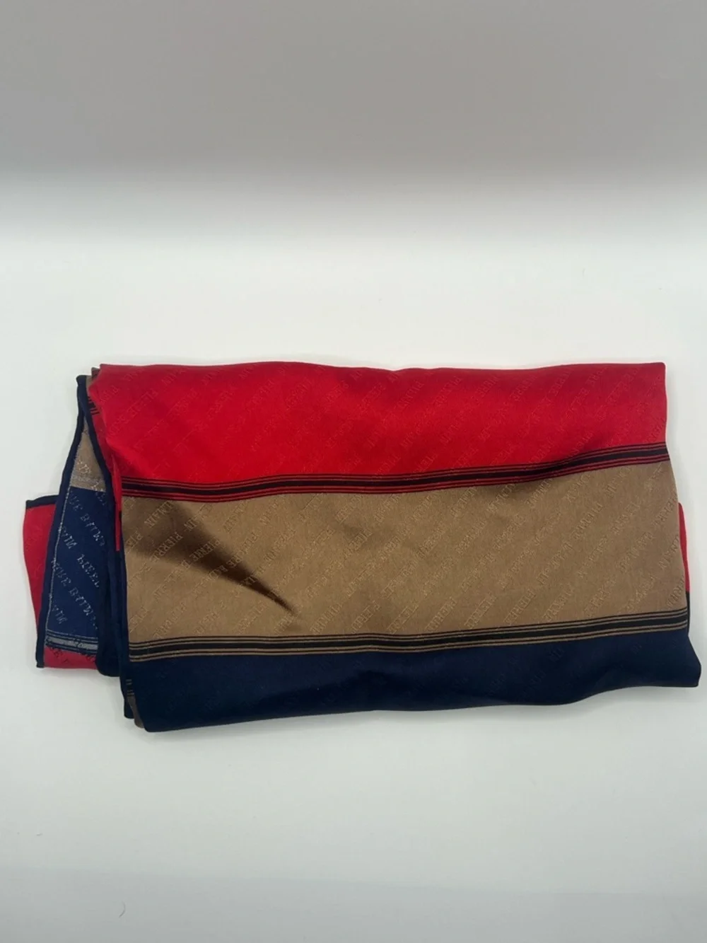 1435. Vintage Pierre Balmain Red, Navy & Tan Striped Silk Scarf